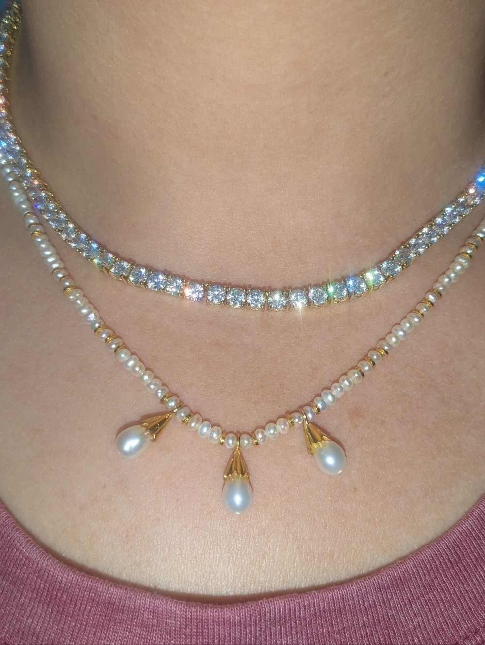 18k Yellow Gold White Petite Pearl Beaded Necklace Women's Vintage